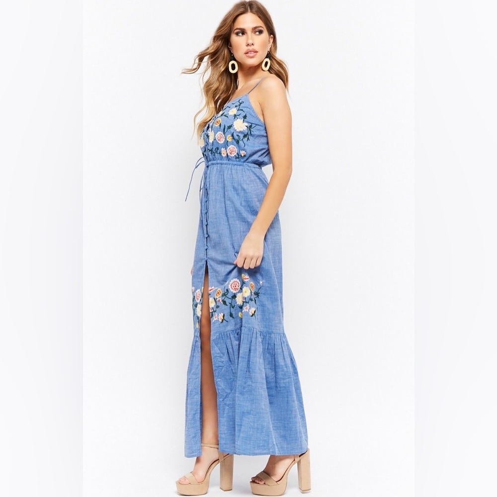 Blue floral embroidered maxi dress